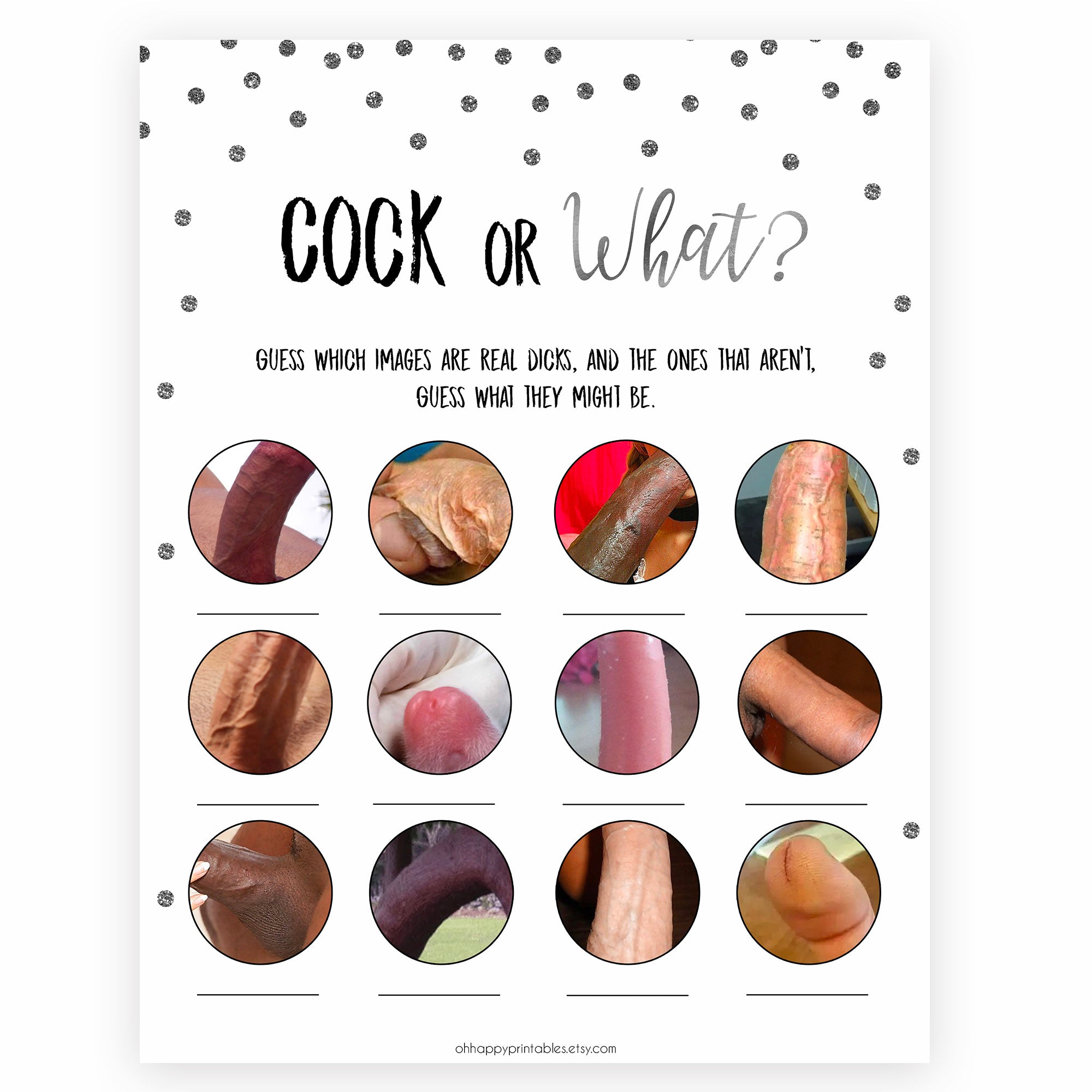 Silver glitter cock or what bridal shower games, bachelorette naughty games, adult games, cock or what, cock game