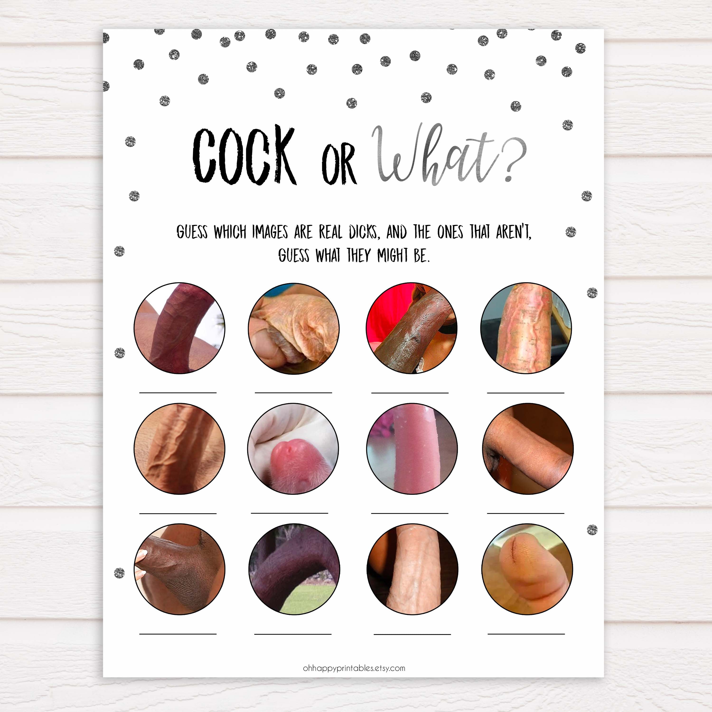 Silver glitter cock or what bridal shower games, bachelorette naughty games, adult games, cock or what, cock game