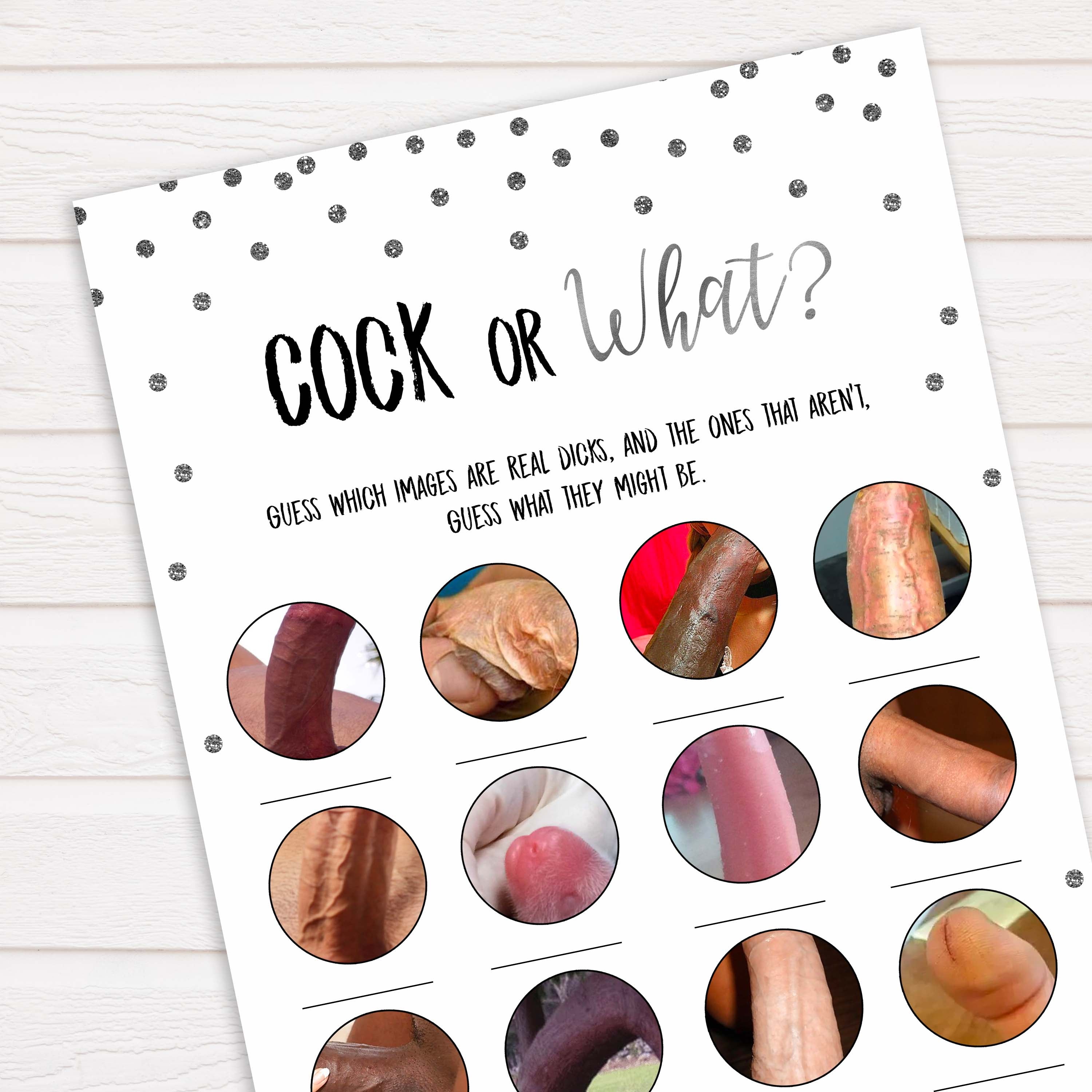 Silver glitter cock or what bridal shower games, bachelorette naughty games, adult games, cock or what, cock game