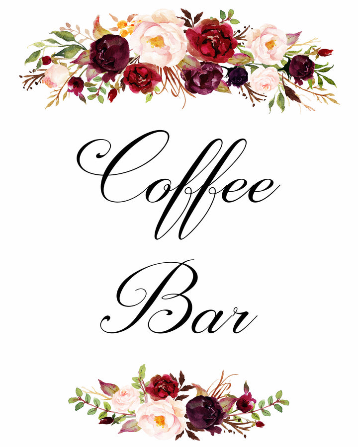 coffee bar burgundy marsala wedding sign