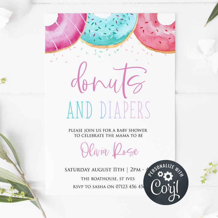 donut and diapers baby shower, editable donut baby shower invitations, printable baby shower invitations, donut baby shower theme, donut sprinkles baby shower, baby shower invitations