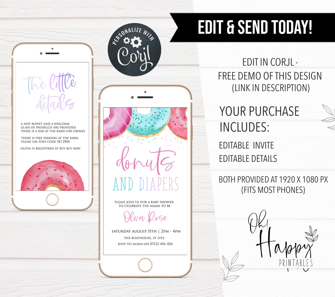 donut & diapers baby shower invitation, editable donut baby shower invitations, printable baby shower invitations, donut baby shower theme, donut sprinkles baby shower, baby shower invitations, mobile invitations