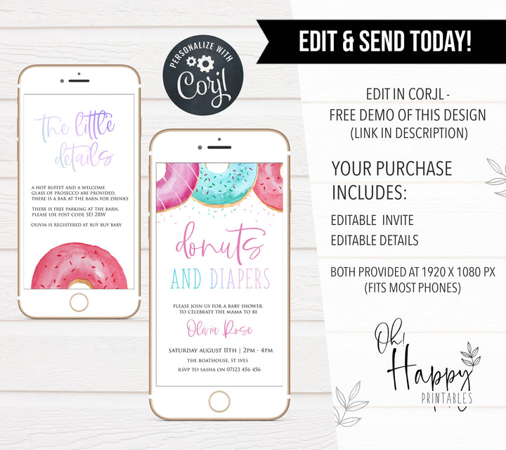 donut & diapers baby shower invitation, editable donut baby shower invitations, printable baby shower invitations, donut baby shower theme, donut sprinkles baby shower, baby shower invitations, mobile invitations