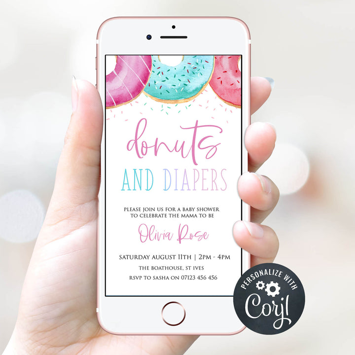 donut & diapers baby shower invitation, editable donut baby shower invitations, printable baby shower invitations, donut baby shower theme, donut sprinkles baby shower, baby shower invitations, mobile invitations