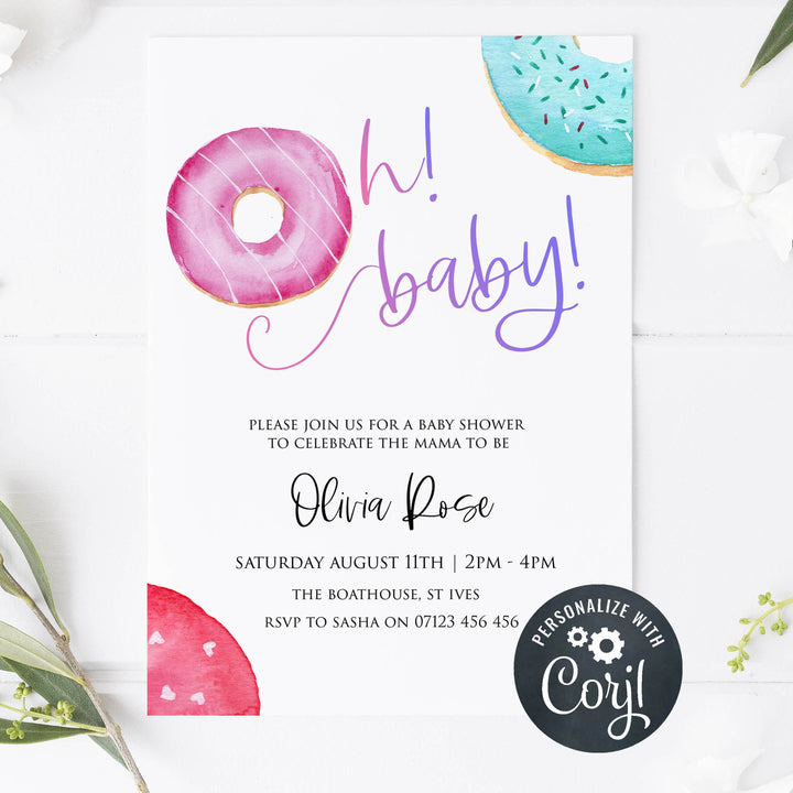 editable donut baby shower invitations, printable baby shower invitations, donut baby shower theme, donut sprinkles baby shower, baby shower invitations