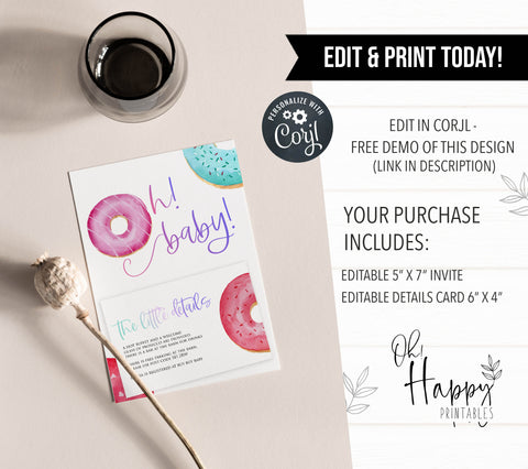 editable donut baby shower invitations, printable baby shower invitations, donut baby shower theme, donut sprinkles baby shower, baby shower invitations