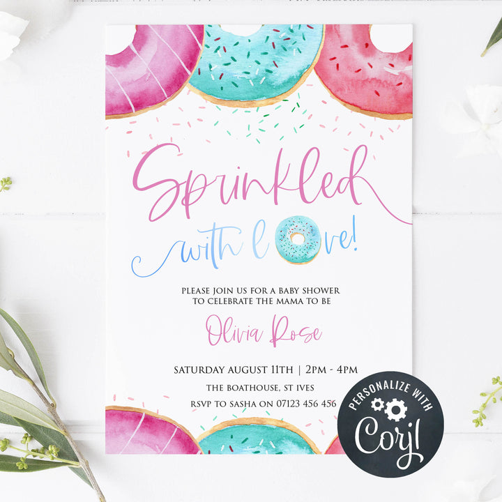 sprinkled with love baby invitation, editable donut baby shower invitations, printable baby shower invitations, donut baby shower theme, donut sprinkles baby shower, baby shower invitations
