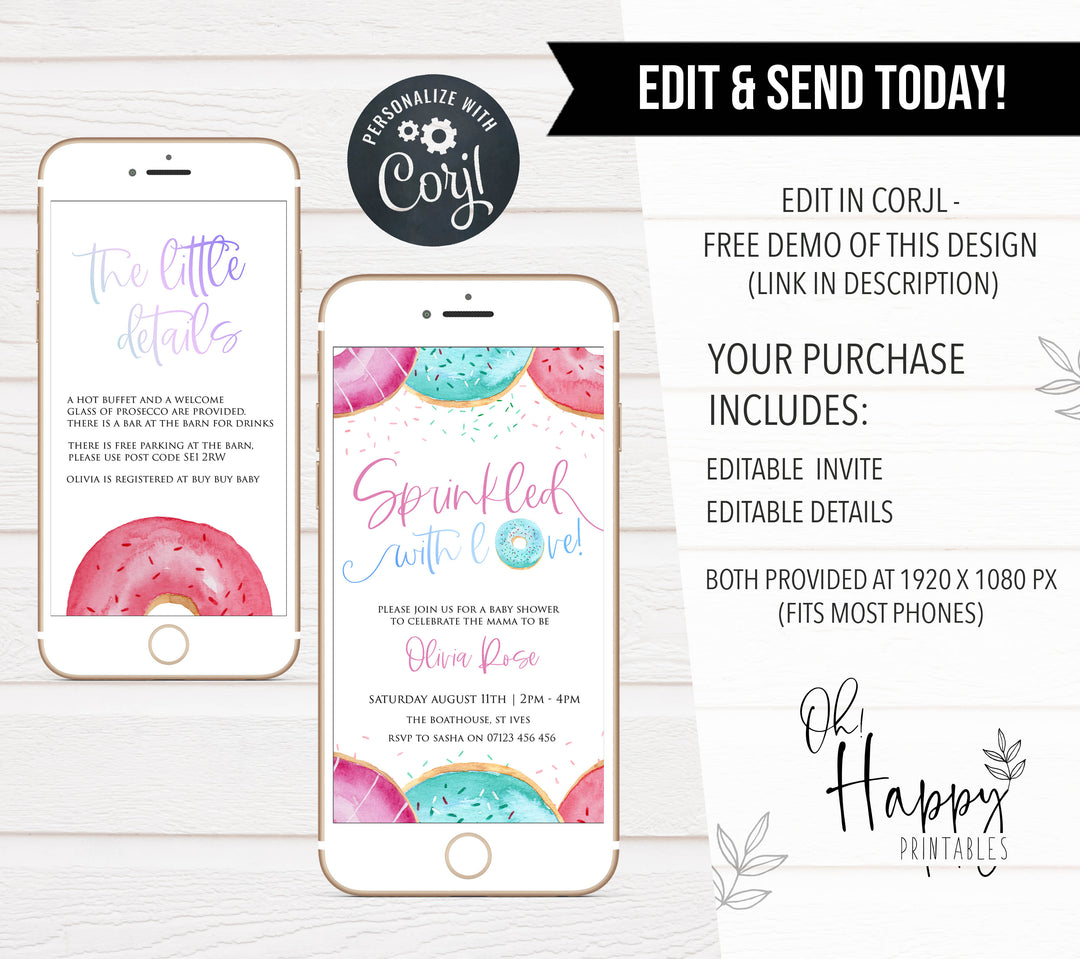 sprinkled with love baby invitation, editable donut baby shower invitations, printable baby shower invitations, donut baby shower theme, donut sprinkles baby shower, baby shower invitations, mobile invitations