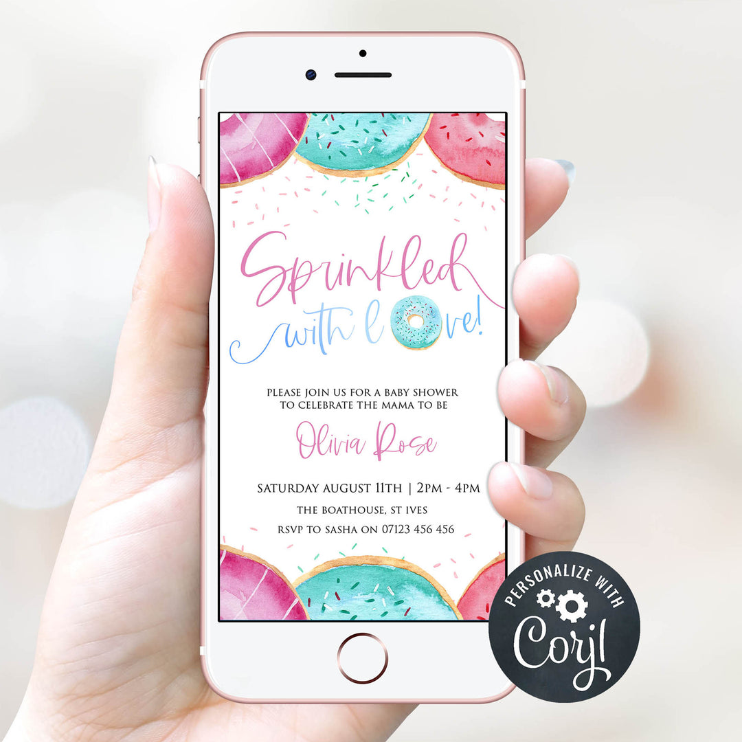 sprinkled with love baby invitation, editable donut baby shower invitations, printable baby shower invitations, donut baby shower theme, donut sprinkles baby shower, baby shower invitations, mobile invitations