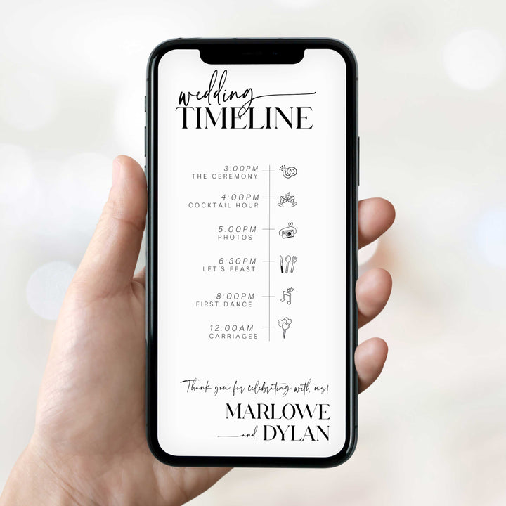 mobile wedding timeline, editable wedding timeline, wedding timeline, order of the day, mobile order of the day, modern wedding theme
