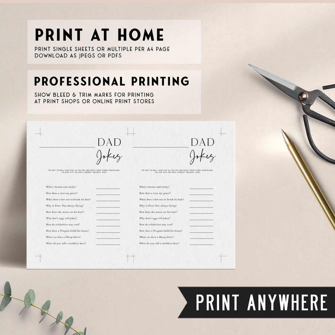 Printable baby shower game Dad Jokes with a modern minimalist design