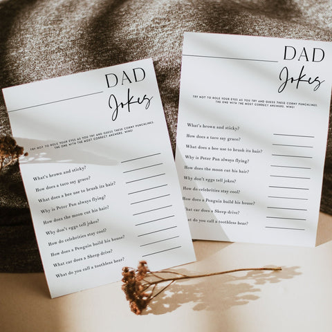 Printable baby shower game Dad Jokes with a modern minimalist design