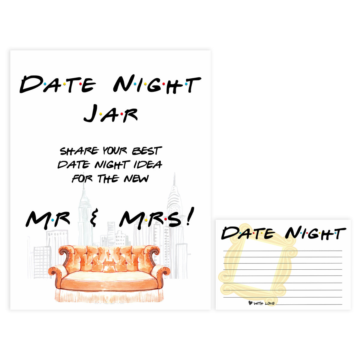 date night jar game, Printable bridal shower games, friends bridal shower, friends bridal shower games, fun bridal shower games, bridal shower game ideas, friends bridal shower