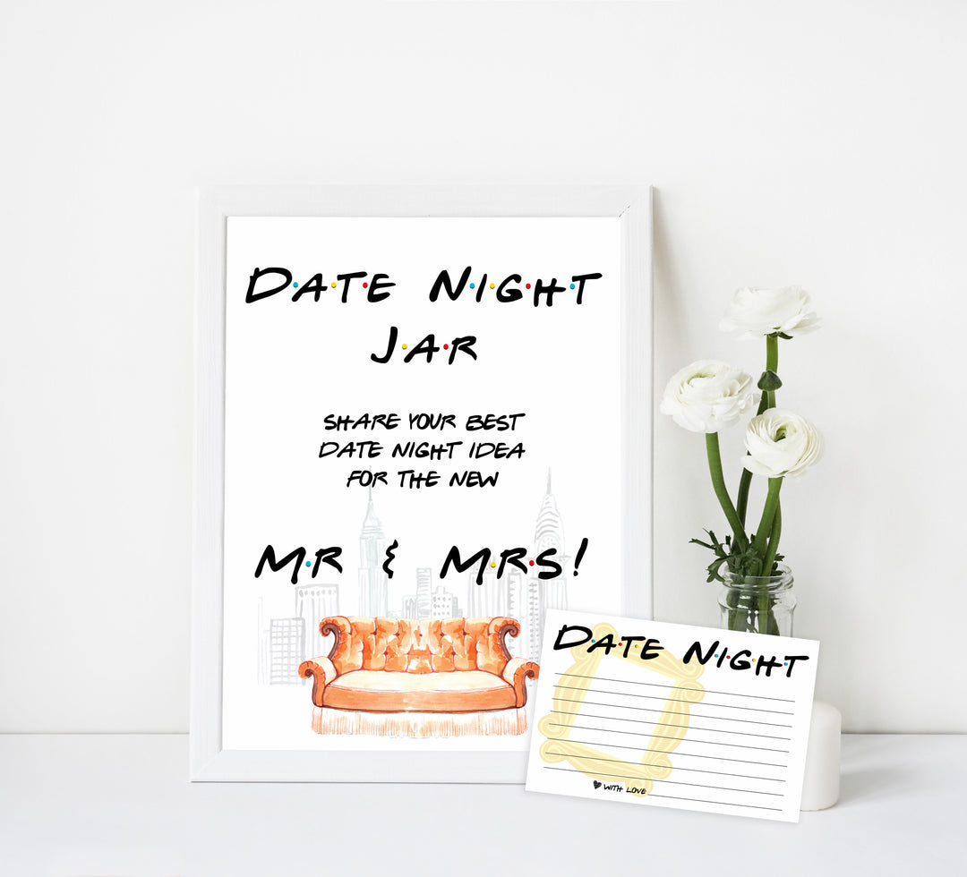 date night jar game, Printable bridal shower games, friends bridal shower, friends bridal shower games, fun bridal shower games, bridal shower game ideas, friends bridal shower