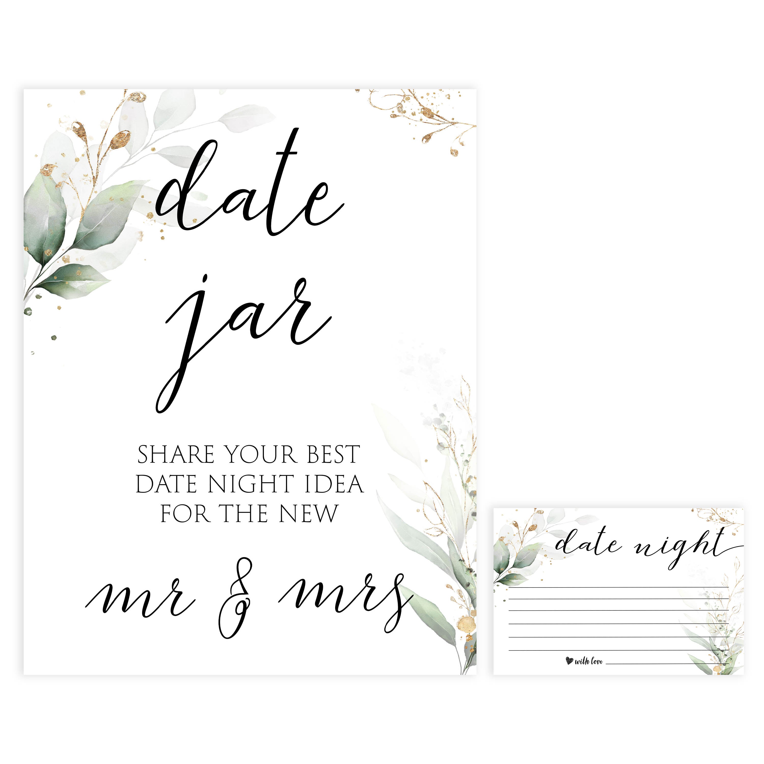 date night jar game, Printable bridal shower games, greenery bridal shower, gold leaf bridal shower games, fun bridal shower games, bridal shower game ideas, greenery bridal shower