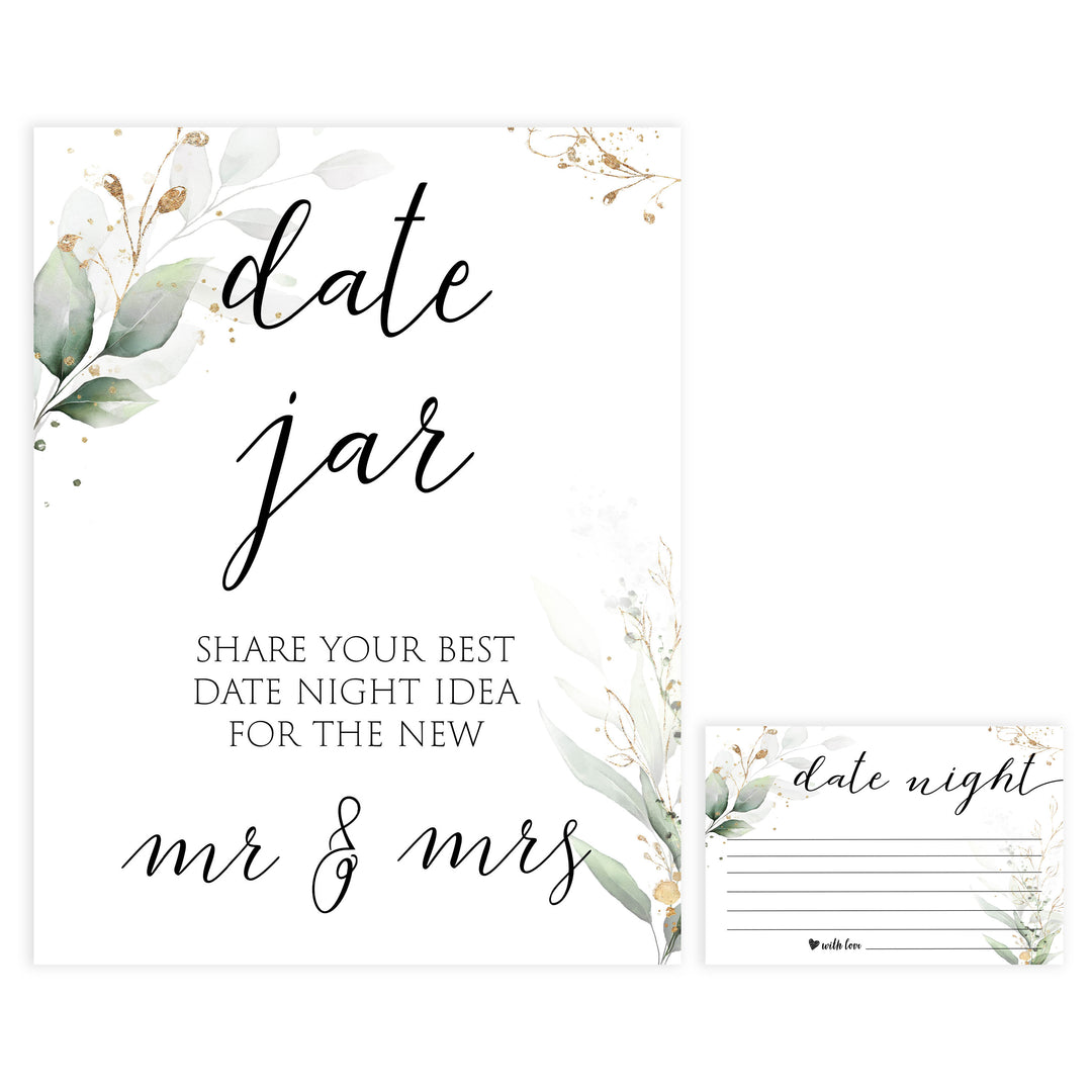date night jar game, Printable bridal shower games, greenery bridal shower, gold leaf bridal shower games, fun bridal shower games, bridal shower game ideas, greenery bridal shower