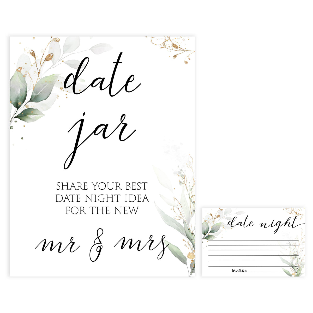 date night jar game, Printable bridal shower games, greenery bridal shower, gold leaf bridal shower games, fun bridal shower games, bridal shower game ideas, greenery bridal shower