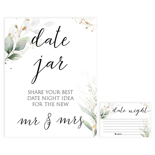 date night jar game, Printable bridal shower games, greenery bridal shower, gold leaf bridal shower games, fun bridal shower games, bridal shower game ideas, greenery bridal shower