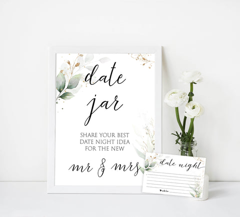 date night jar game, Printable bridal shower games, greenery bridal shower, gold leaf bridal shower games, fun bridal shower games, bridal shower game ideas, greenery bridal shower