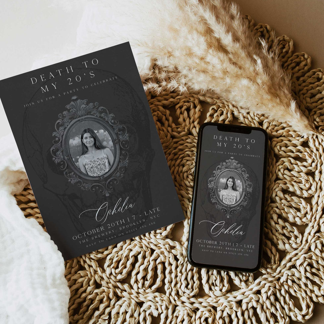 fully editable invitation and mobile invitation celebrating the death of my twenties. Gothic death to my twenties invitation suite