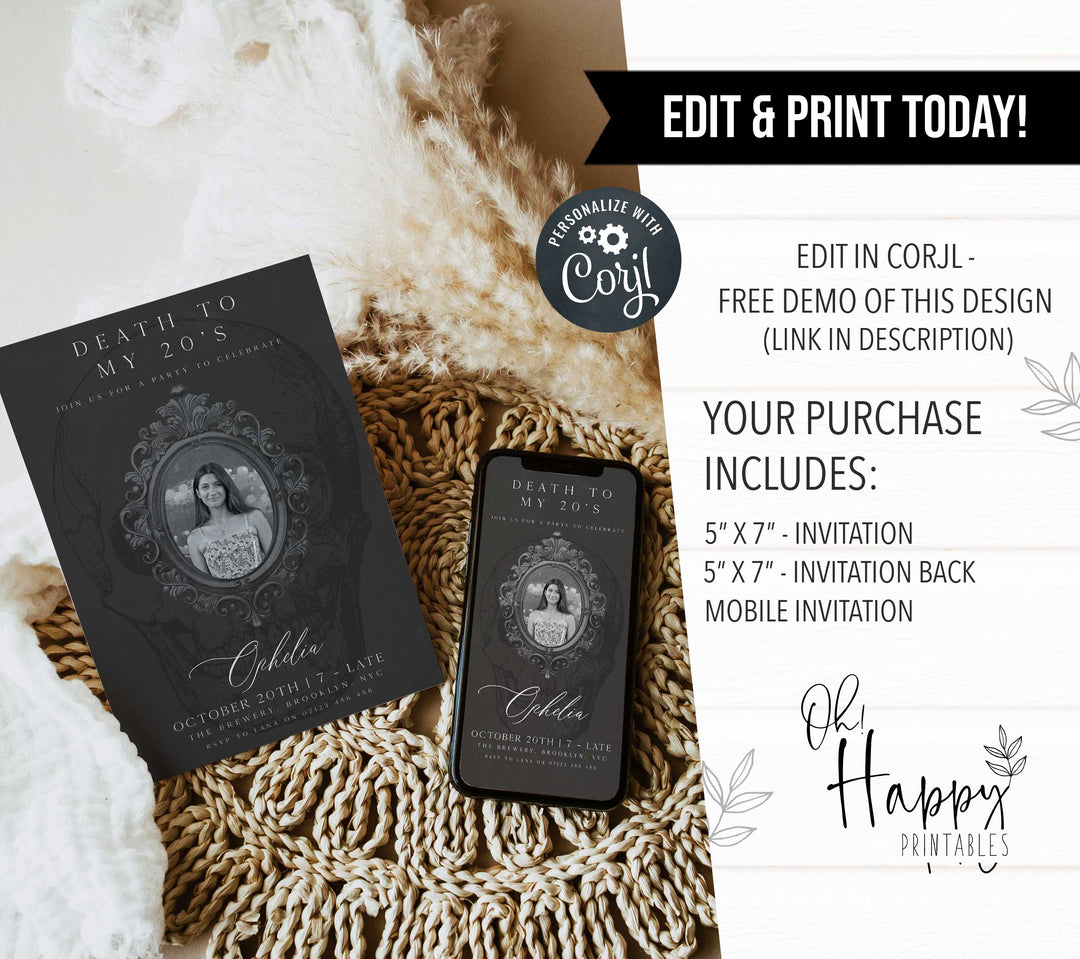 fully editable invitation and mobile invitation celebrating the death of my twenties. Gothic death to my twenties invitation suite