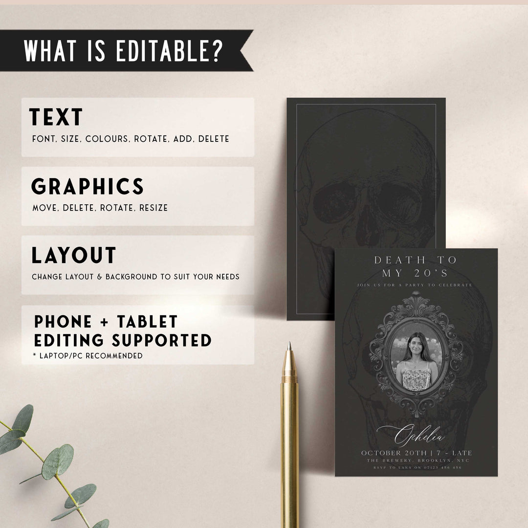 fully editable invitation and mobile invitation celebrating the death of my twenties. Gothic death to my twenties invitation suite