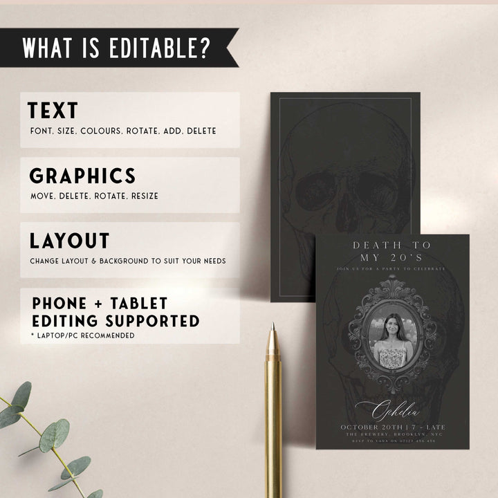 fully editable invitation and mobile invitation celebrating the death of my twenties. Gothic death to my twenties invitation suite