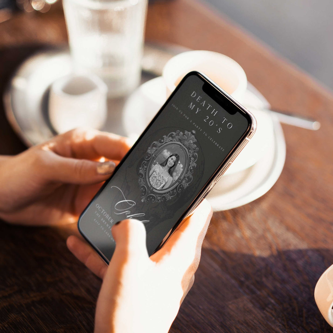 fully editable invitation and mobile invitation celebrating the death of my twenties. Gothic death to my twenties invitation suite