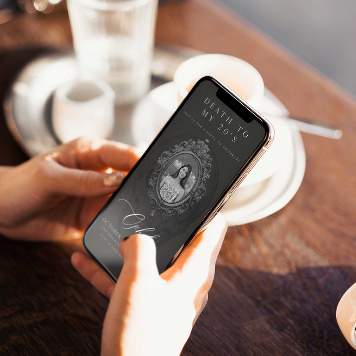 fully editable invitation and mobile invitation celebrating the death of my twenties. Gothic death to my twenties invitation suite