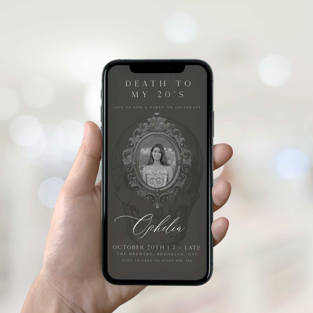 fully editable invitation and mobile invitation celebrating the death of my twenties. Gothic death to my twenties invitation suite
