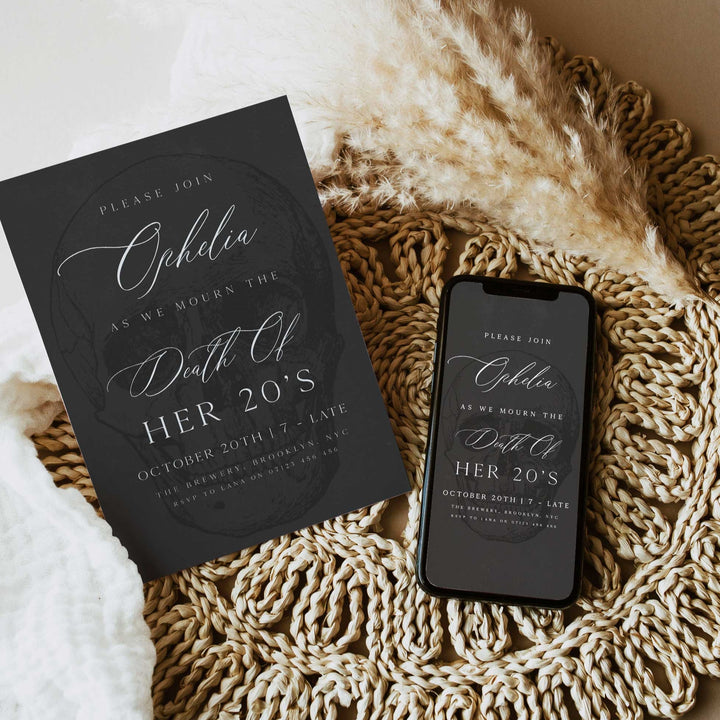 fully editable invitation and mobile invitation celebrating the death of my twenties. Gothic death to my twenties invitation suite