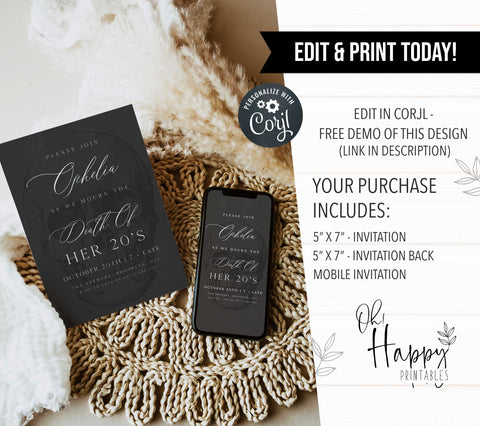 fully editable invitation and mobile invitation celebrating the death of my twenties. Gothic death to my twenties invitation suite