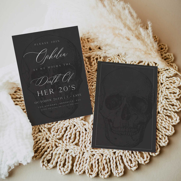 fully editable invitation and mobile invitation celebrating the death of my twenties. Gothic death to my twenties invitation suite