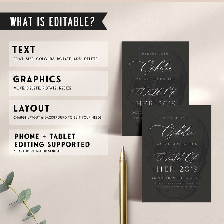 fully editable invitation and mobile invitation celebrating the death of my twenties. Gothic death to my twenties invitation suite