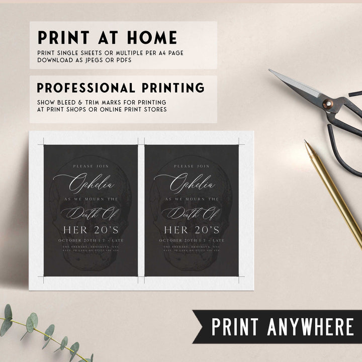 fully editable invitation and mobile invitation celebrating the death of my twenties. Gothic death to my twenties invitation suite