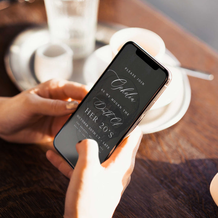 fully editable invitation and mobile invitation celebrating the death of my twenties. Gothic death to my twenties invitation suite