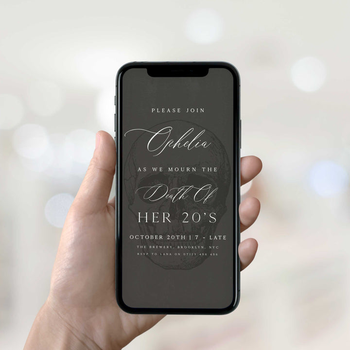 fully editable invitation and mobile invitation celebrating the death of my twenties. Gothic death to my twenties invitation suite