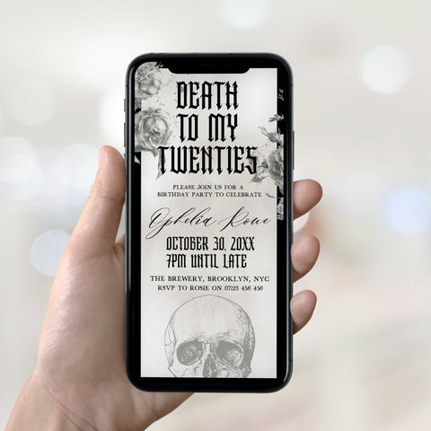 fully editable invitation and mobile invitation celebrating the death of my twenties. Gothic death to my twenties invitation suite