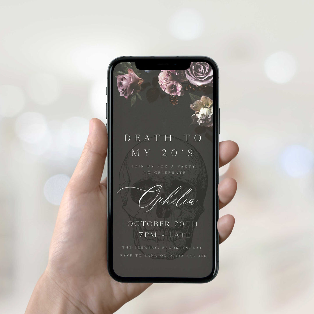 fully editable invitation and mobile invitation celebrating the death of my twenties. Gothic death to my twenties invitation suite