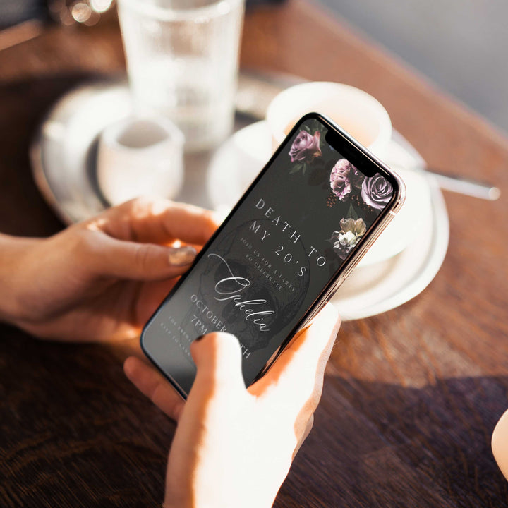 fully editable invitation and mobile invitation celebrating the death of my twenties. Gothic death to my twenties invitation suite