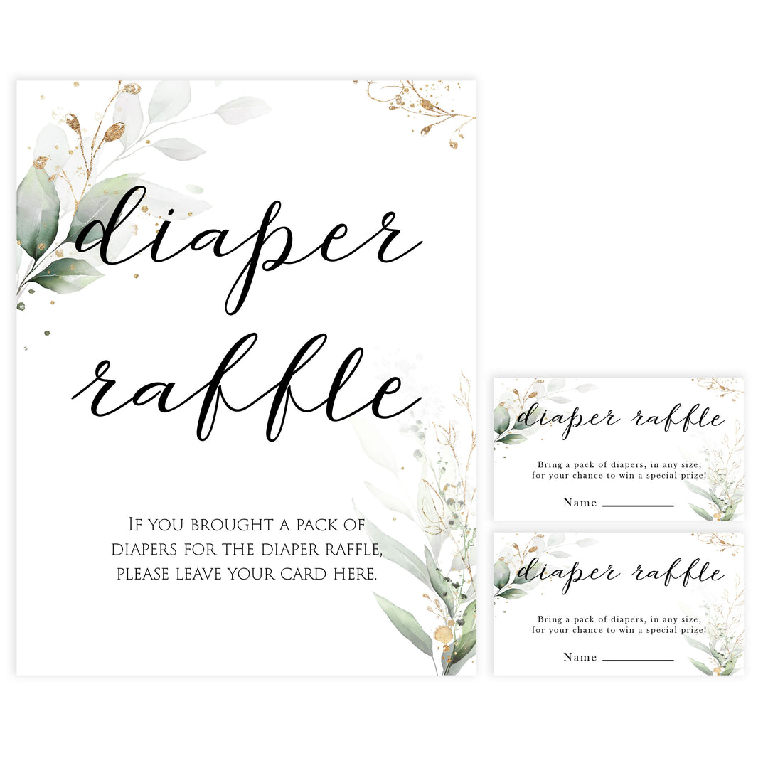 Gold green leaf baby games, baby diaper raffle game, printable baby games, fun baby games, top baby games to play, gold leaf baby shower, greenery baby shower ideas