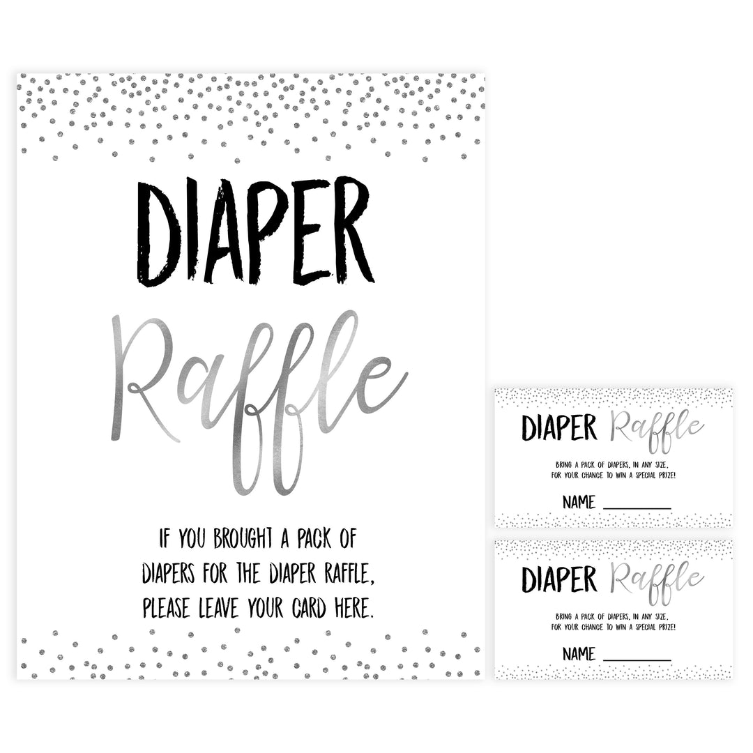 diaper raffle game, Printable baby shower games, baby silver glitter fun baby games, baby shower games, fun baby shower ideas, top baby shower ideas, silver glitter shower baby shower, friends baby shower ideas