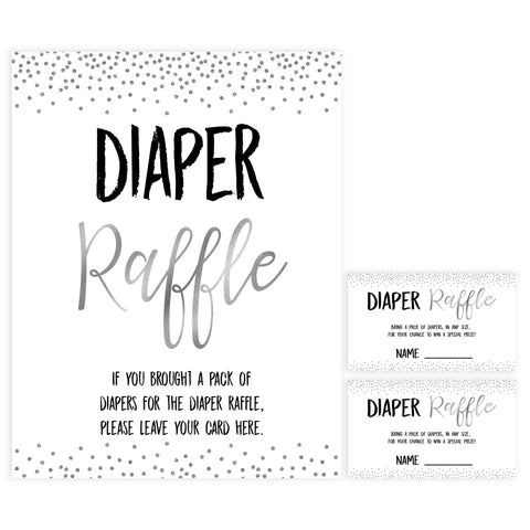 diaper raffle game, Printable baby shower games, baby silver glitter fun baby games, baby shower games, fun baby shower ideas, top baby shower ideas, silver glitter shower baby shower, friends baby shower ideas