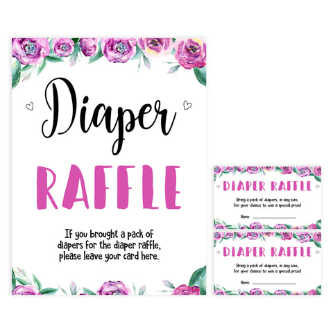 diaper raffle baby shower game, printable baby shower games, purple peonies baby games, fun baby shower games