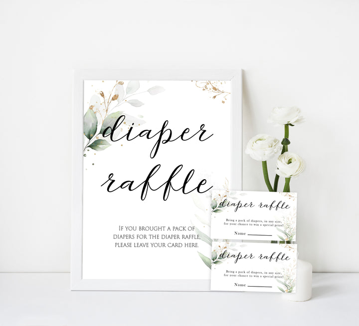 Gold green leaf baby games, baby diaper raffle game, printable baby games, fun baby games, top baby games to play, gold leaf baby shower, greenery baby shower ideas