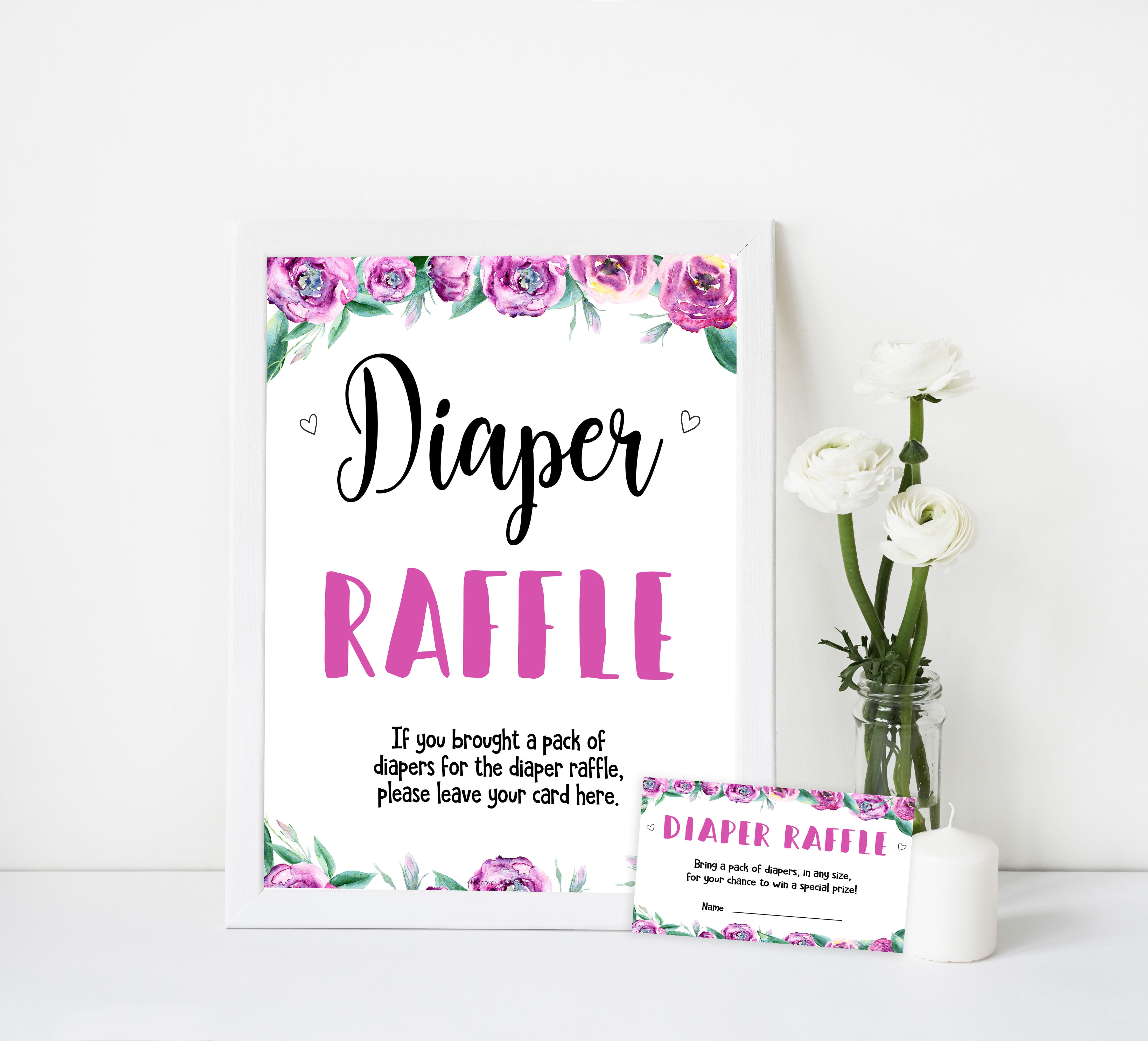 diaper raffle baby shower game, printable baby shower games, purple peonies baby games, fun baby shower games
