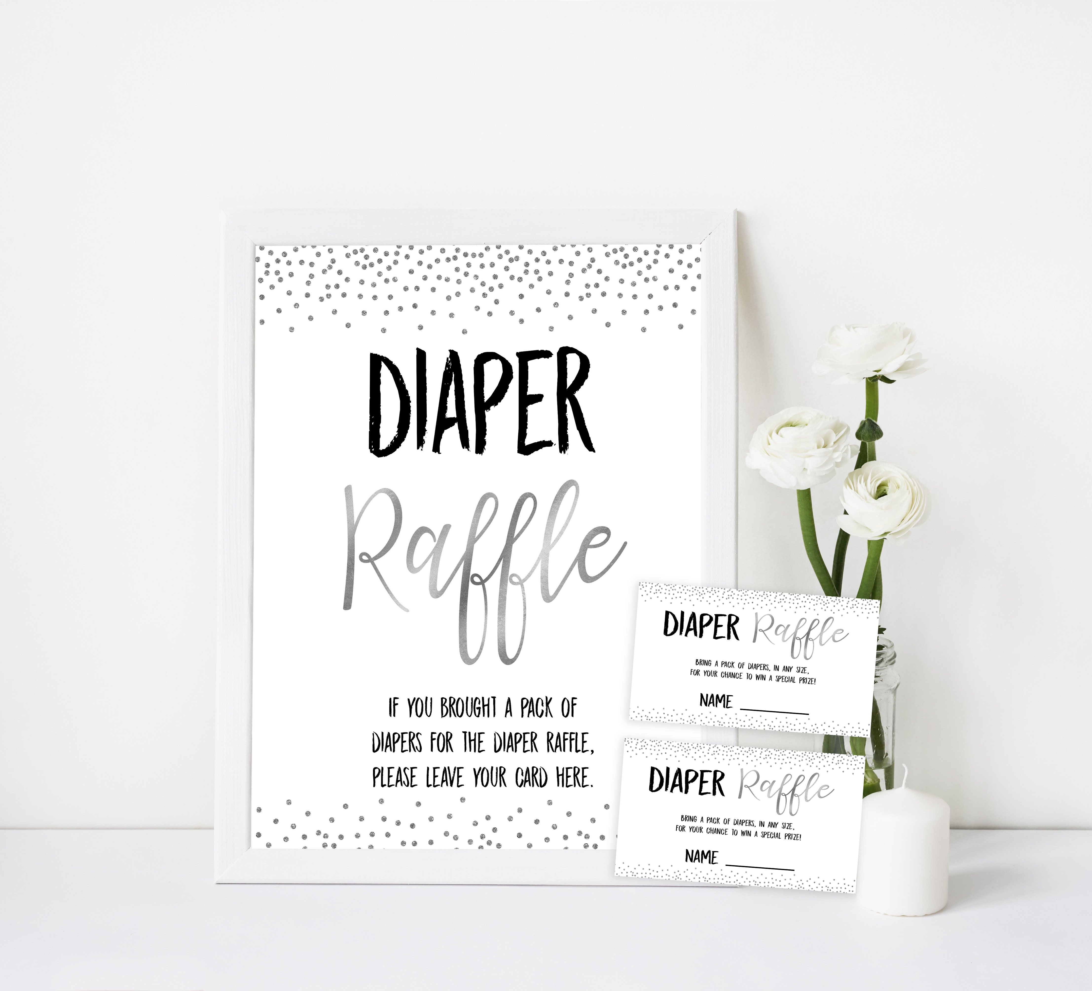 diaper raffle game, Printable baby shower games, baby silver glitter fun baby games, baby shower games, fun baby shower ideas, top baby shower ideas, silver glitter shower baby shower, friends baby shower ideas