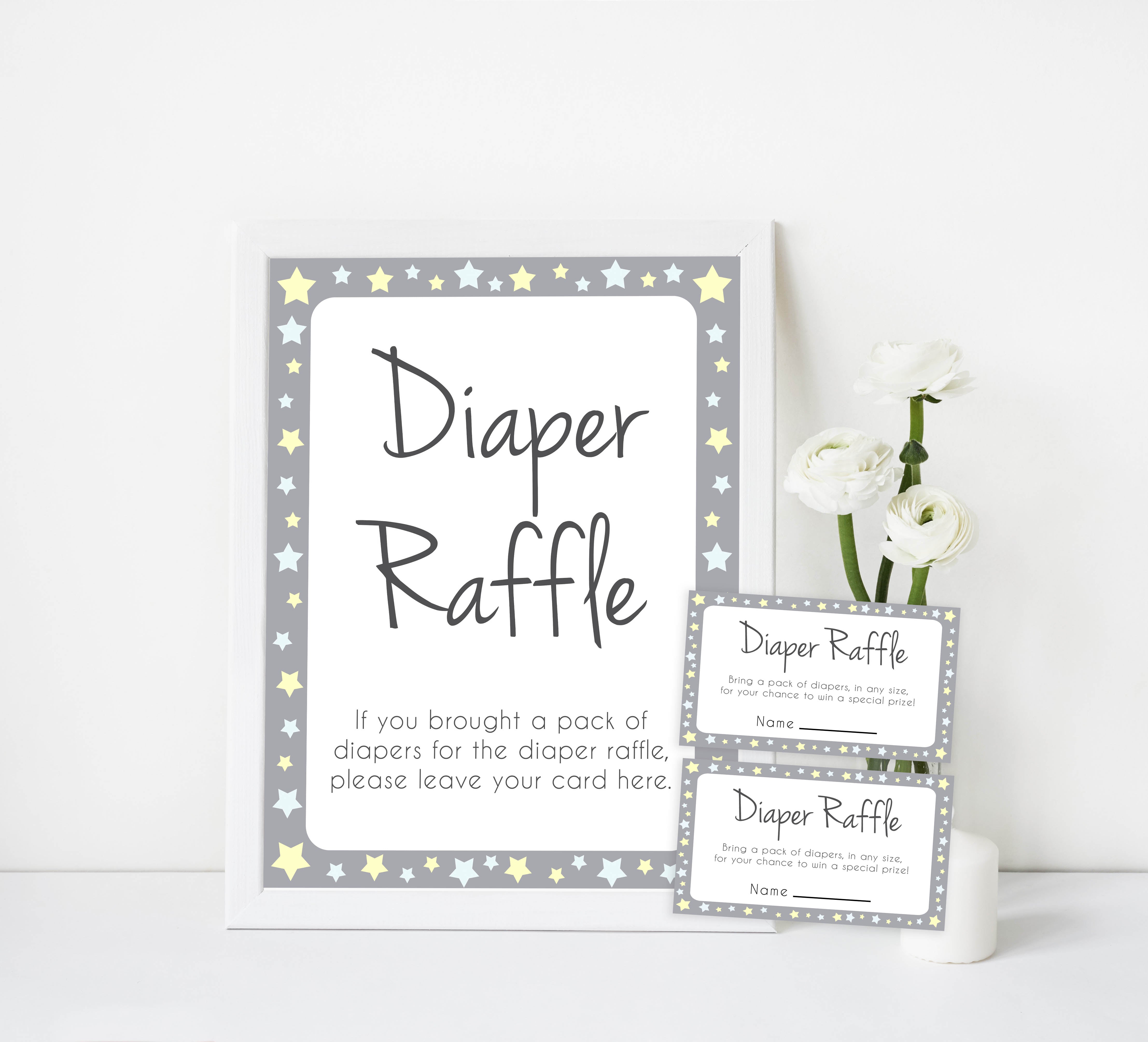 grey & yellow stars, diaper raffle, printable baby shower games, fun baby games, top baby shower games, star baby games, little star baby shower