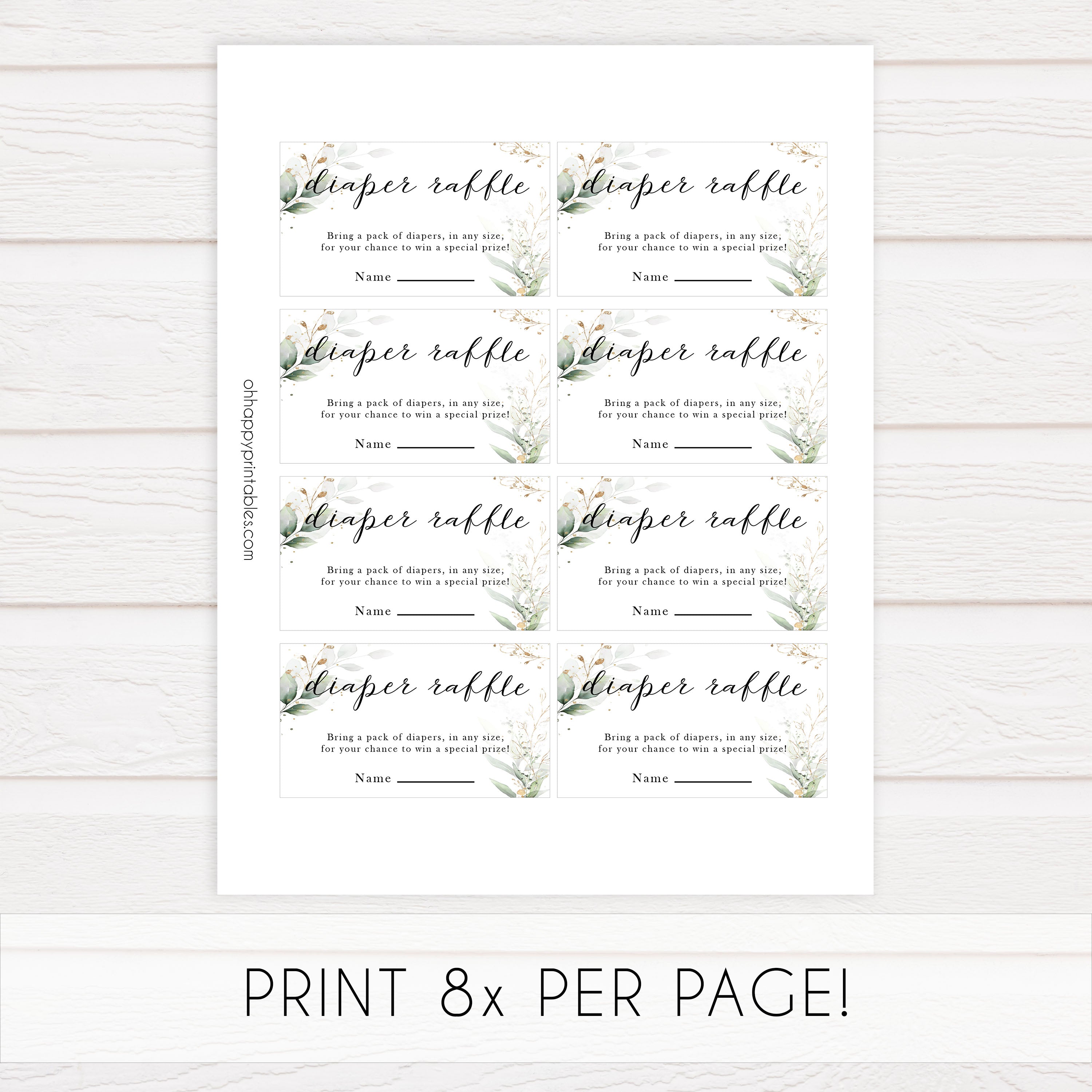 Gold green leaf baby games, baby diaper raffle game, printable baby games, fun baby games, top baby games to play, gold leaf baby shower, greenery baby shower ideas