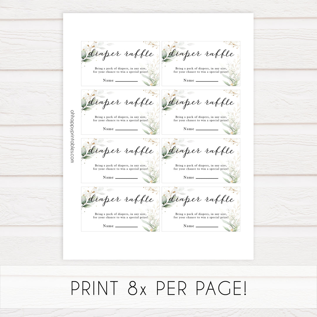 Gold green leaf baby games, baby diaper raffle game, printable baby games, fun baby games, top baby games to play, gold leaf baby shower, greenery baby shower ideas